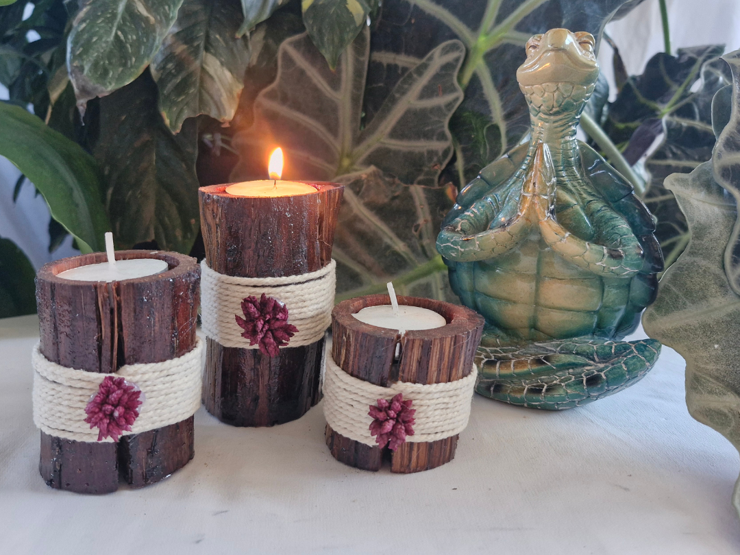 Handcrafted Wooden Candle Holders Maroon (Set of 3)