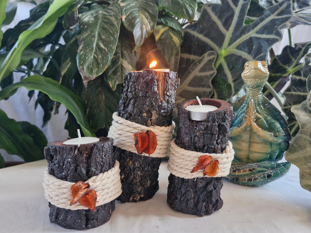 Handcrafted Wooden Candle Holders Orange (Set of 3)