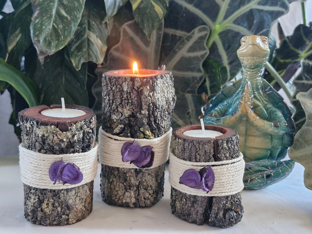 Handcrafted Wooden Candle Holders Purple (Set of 3)